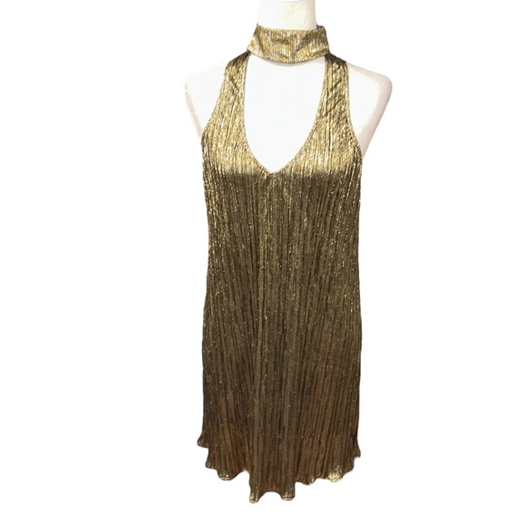 Show Me Your Mumu Friday Choker Metallic Cutout Dress in Good As Gold Pleat - S - Picture 5 of 15